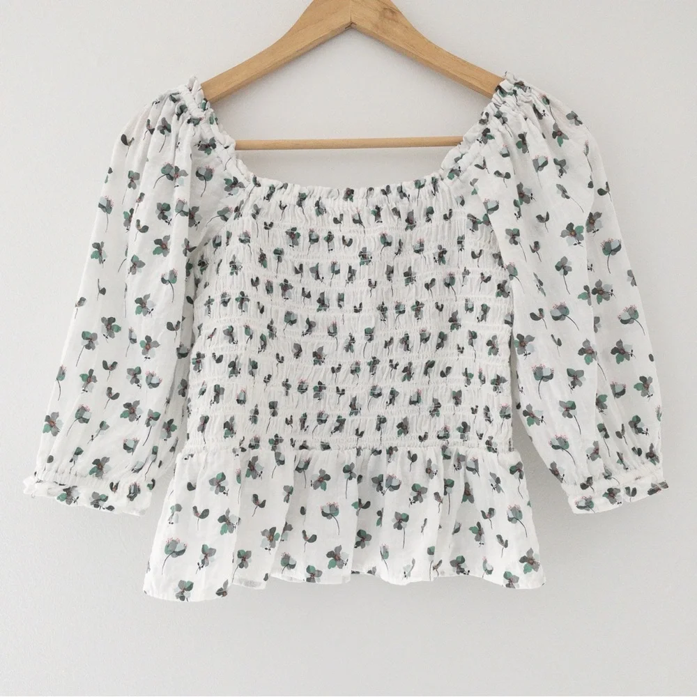 Loft Floral Smocked Puff Sleeve Peplum Top
